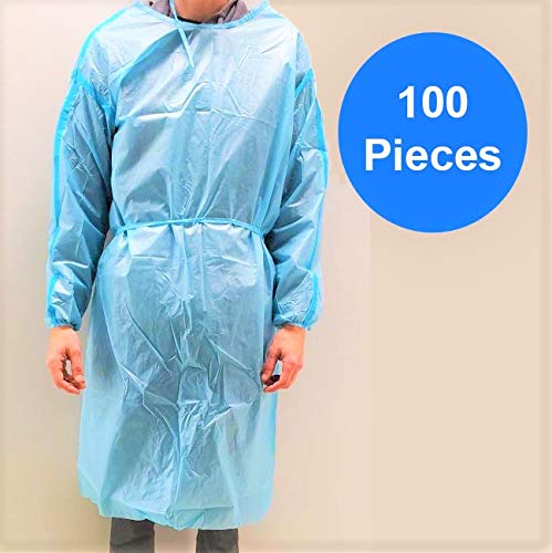 100 Pack LEVEL 2 PP + PE Disposable Isolation Gowns Blue with Elastic Cuff, L...
